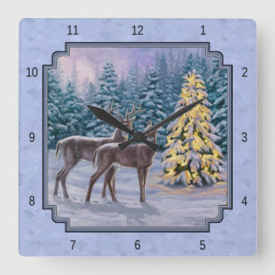 Deer & kerstboom Winter Blauw Vierkante Klok