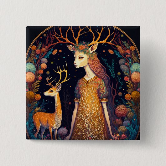 Deer Lady Fantasy Art Button (Voorkant)