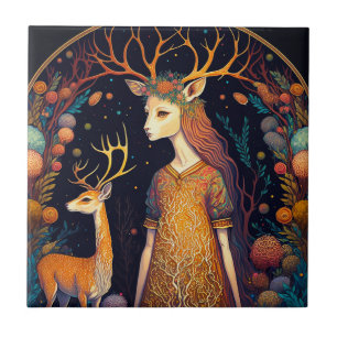 Deer Lady Fantasy Art-keramische Tegel Tegeltje