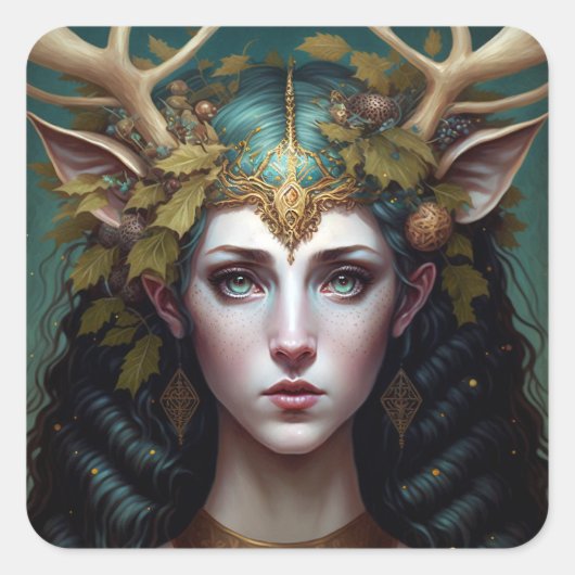 Deer Lady Fantasy Art Square Sticker (Voorkant)