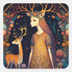 Deer Lady Fantasy Art Square Sticker