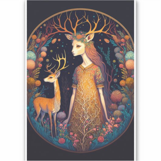 Deer Lady Fantasy Art Sticker (Voorkant)