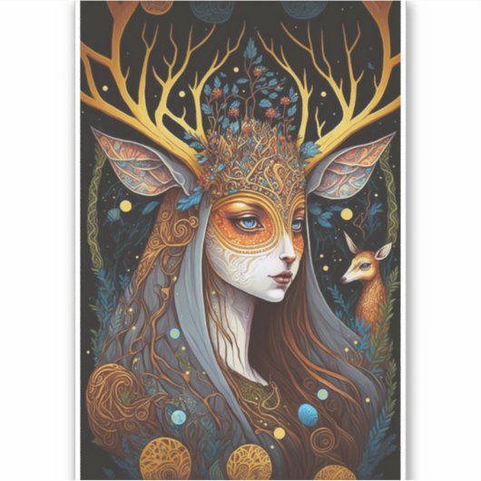 Deer Lady Fantasy Art Sticker (Voorkant)