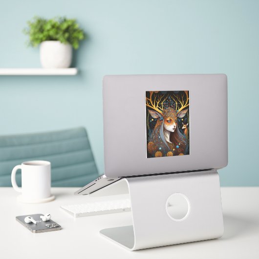 Deer Lady Fantasy Art Sticker (Laptop op bureau)