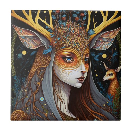 Deer Lady Fantasy Art Tegeltje (Voorkant)