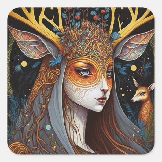 Deer Lady Fantasy Art Vierkante Sticker (Voorkant)