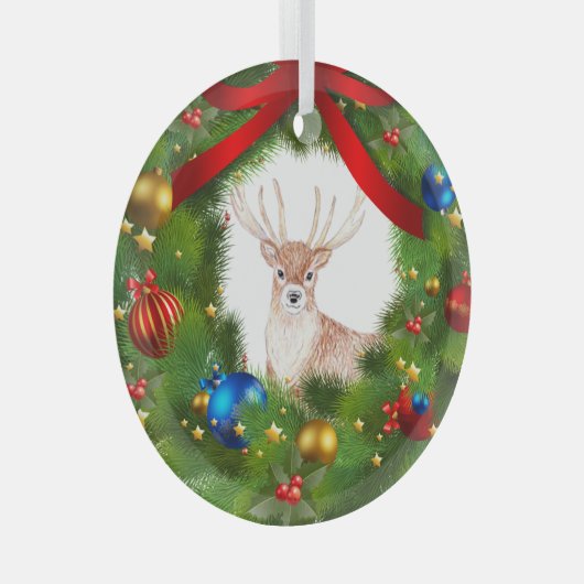 Deer looking through a Christmas Wreath Glas Ornament (Voorkant Rechts)