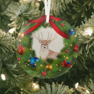 Deer looking through a Christmas Wreath Glas Ornament