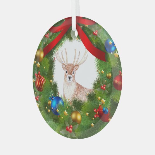 Deer looking through a Christmas Wreath Glas Ornament (Voorkant links)