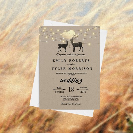 Deer Love Woodland Deer Strings of Light Wedding Kaart