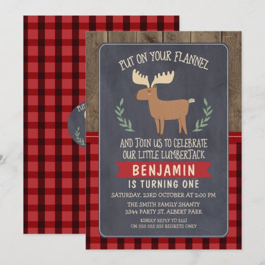 Deer Lumberjack 1st of 2e verjaardag Uitnodiging (Voorkant / Achterkant)