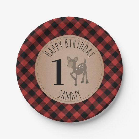 Deer Lumberjack Plaid Birthday Party Papieren Bordje (Voorkant)