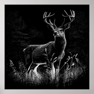 Deer met geweien per veld en boom poster