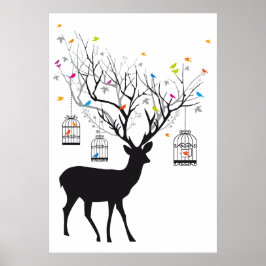 Deer met kleurrijke vogels en vogelkooien poster