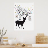 Deer met kleurrijke vogels en vogelkooien poster (Keuken)