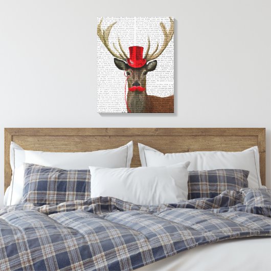 Deer met Red Top Hat en Mustache Canvas Afdruk (Insitu (Slaapkamer))