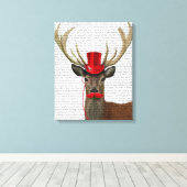 Deer met Red Top Hat en Mustache Canvas Afdruk (Insitu (Houten vloer))