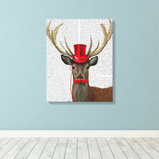 Deer met Red Top Hat en Mustache Canvas Afdruk (Insitu (Houten vloer))