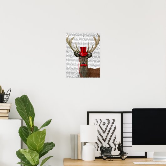 Deer met Red Top Hat en Mustache Poster (Thuiskantoor)