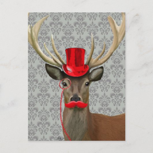 Deer met rood Pet en snor Briefkaart (Voorkant)