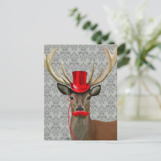Deer met rood Pet en snor Briefkaart (Staand voorkant)