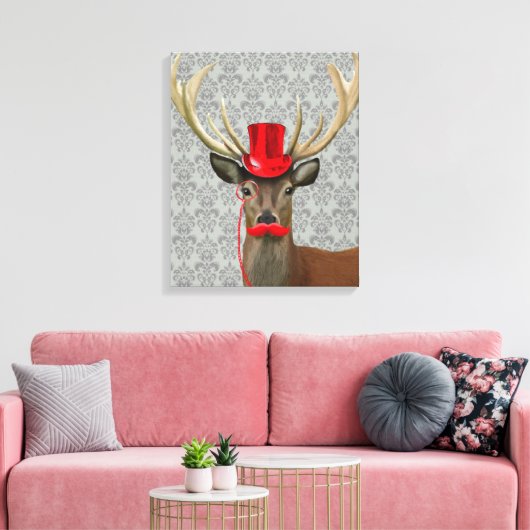 Deer met rood Pet en snor Canvas Afdruk (Insitu (Woonkamer))