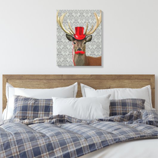 Deer met rood Pet en snor Canvas Afdruk (Insitu (Slaapkamer))