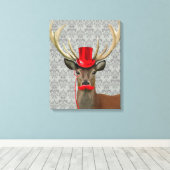 Deer met rood Pet en snor Canvas Afdruk (Insitu (Houten vloer))