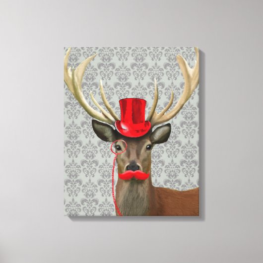 Deer met rood Pet en snor Canvas Afdruk (Voorkant)