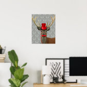 Deer met rood Pet en snor Poster (Thuiskantoor)