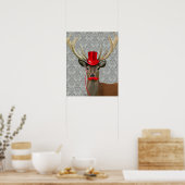 Deer met rood Pet en snor Poster (Keuken)