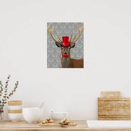 Deer met rood Pet en snor Poster (Keuken)