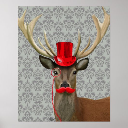 Deer met rood Pet en snor Poster (Voorkant)
