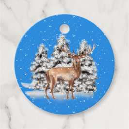 Deer met sneeuwbedekte bomen en sneeuwval bedankjes labels