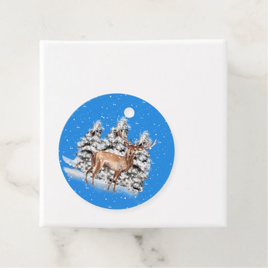 Deer met sneeuwbedekte bomen en sneeuwval bedankjes labels (In situ)
