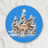 Deer met sneeuwbedekte bomen en sneeuwval bedankjes labels (Voorkant)