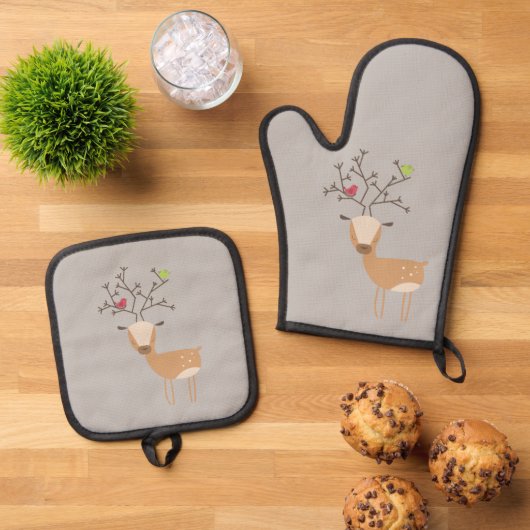 Deer met vogels ovenwant & pannenlap set (Top down)