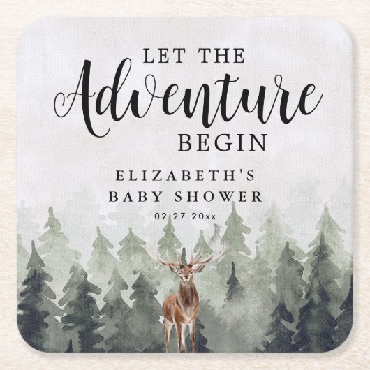 Deer Misty Pine Forest Adventure Baby shower Kartonnen Onderzetters (Voorkant)