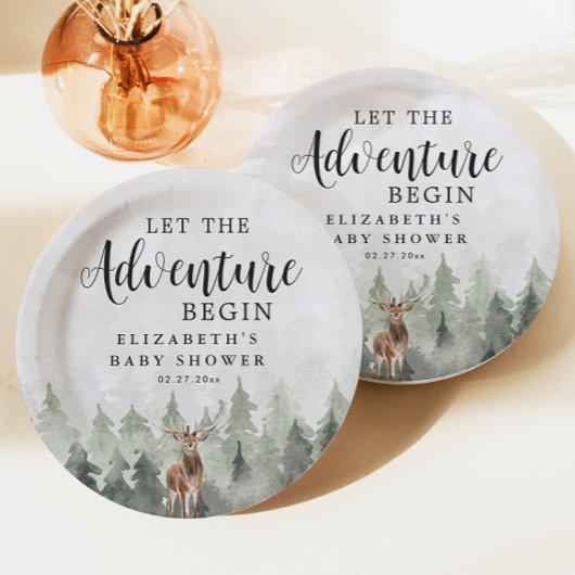 Deer Misty Pine Forest Adventure Baby shower Papieren Bordje