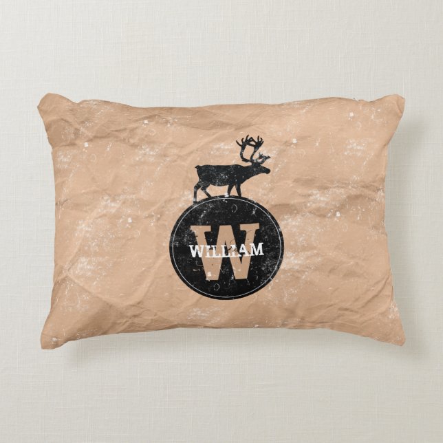 Deer Monogram Onderdruk Rustic Brown Kraft Paper Accent Kussen (Voorkant)