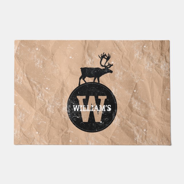 Deer Monogram Onderdruk Rustic Brown Kraft Paper Deurmat (Voorkant)