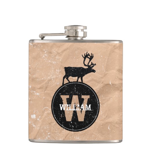 Deer Monogram Onderdruk Rustic Brown Kraft Paper Heupfles (Voorkant)