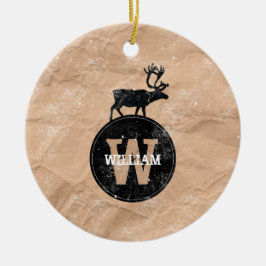 Deer Monogram Onderdruk Rustic Brown Kraft Paper Keramisch Ornament