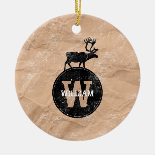 Deer Monogram Onderdruk Rustic Brown Kraft Paper Keramisch Ornament (Voorkant)
