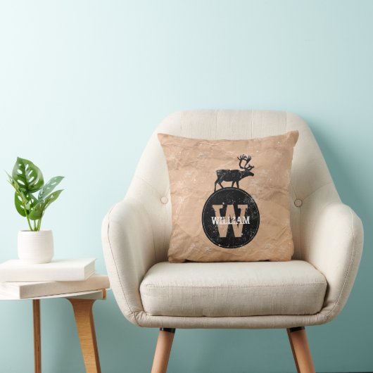 Deer Monogram Onderdruk Rustic Brown Kraft Paper Kussen (Stoel)