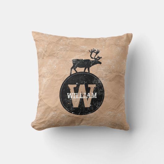 Deer Monogram Onderdruk Rustic Brown Kraft Paper Kussen (Voorkant)