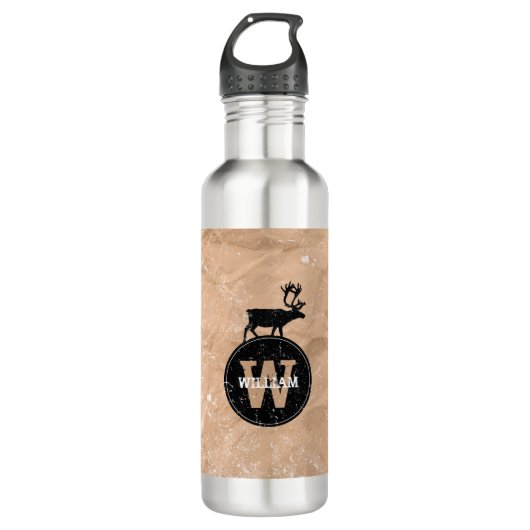 Deer Monogram Onderdruk Rustic Brown Kraft Paper Waterfles (Voorkant)