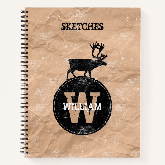 Deer Monogram Onderdruk Rustic Brown Kraft Sketch Notitieboek (Voorkant)