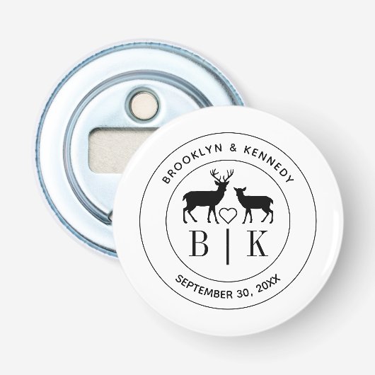 Deer Monogram Rustic country Wedding Couple Name Button Flesopener (Voorkant)
