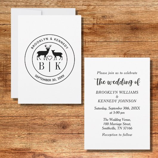 Deer Monogram Rustic country Wedding Couple Name Kaart